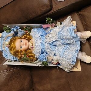 NEW in Box Limited Edition Vintage Porcelain Doll on Swing in Hand-sewn Dress